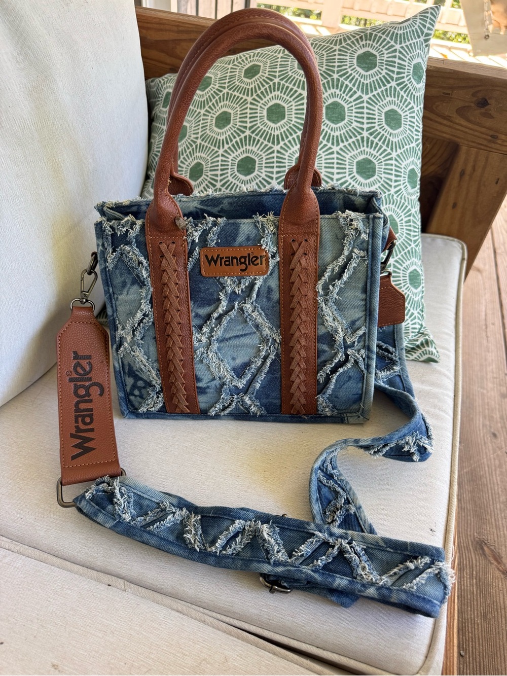 Wrangler Blue Frayed Denim Satchel Brown Leather Trim 10.5” x 5” x 8.5”